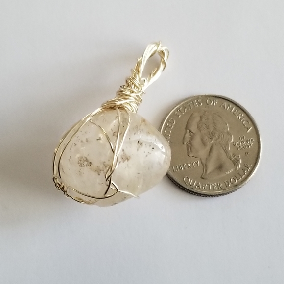 Handmade wire wrapped pendant clear stone with inclusions silver tone - Picture 8 of 16